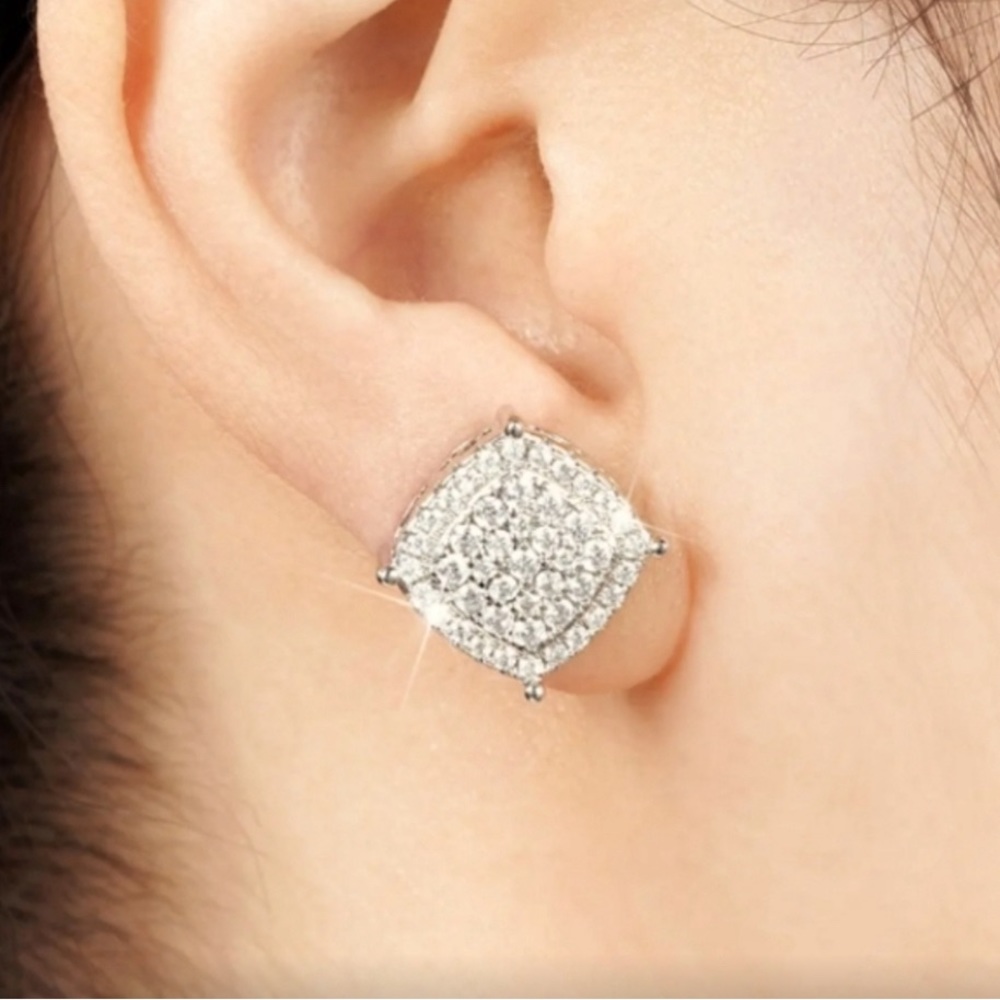 Silver Square Rhinestone Stud Earrings - New